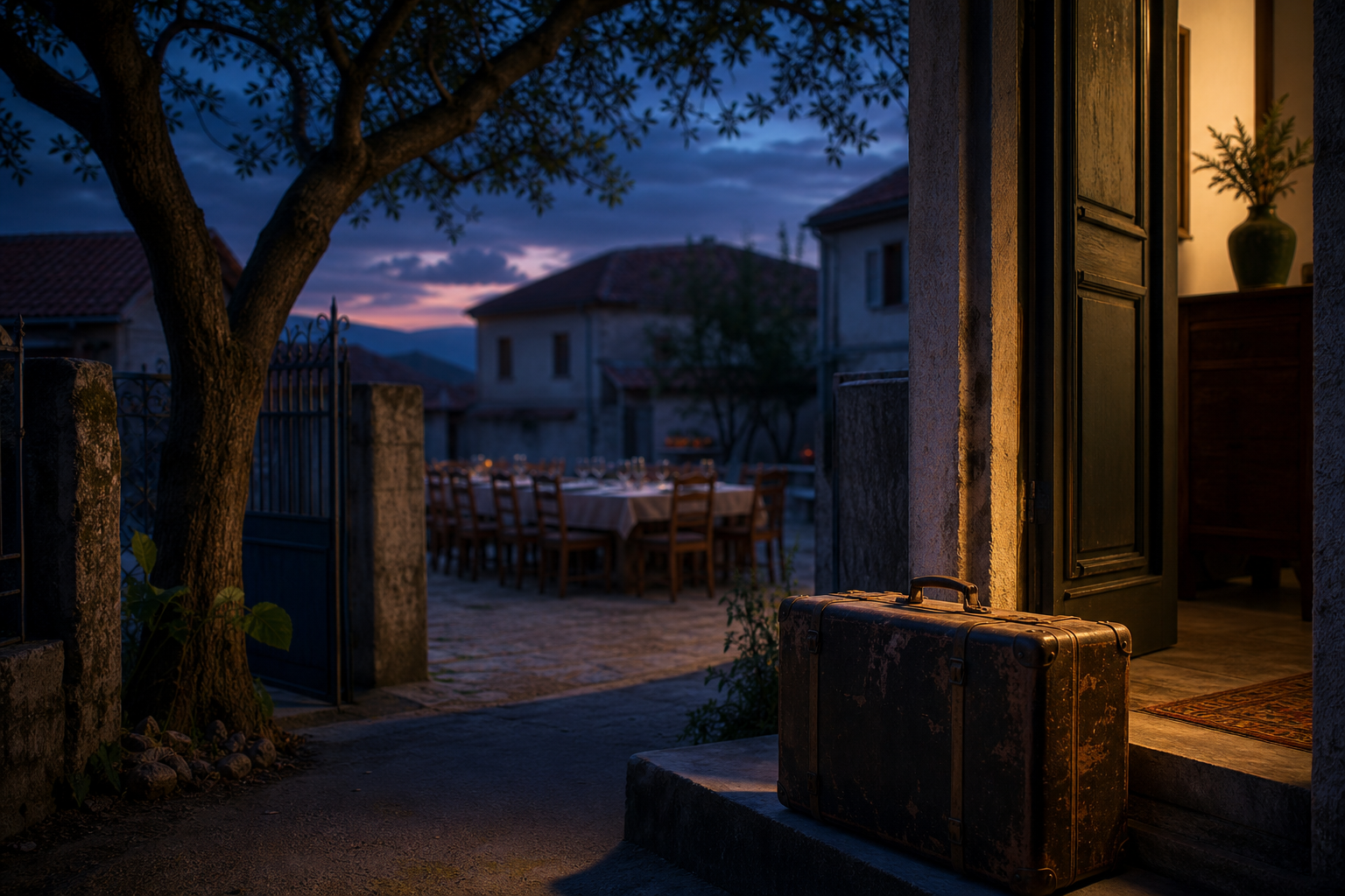 A worn suitcase sits at the entrance of a modest Serbian home at dusk, with an empty family table and an old tree visible outside in the shadows.