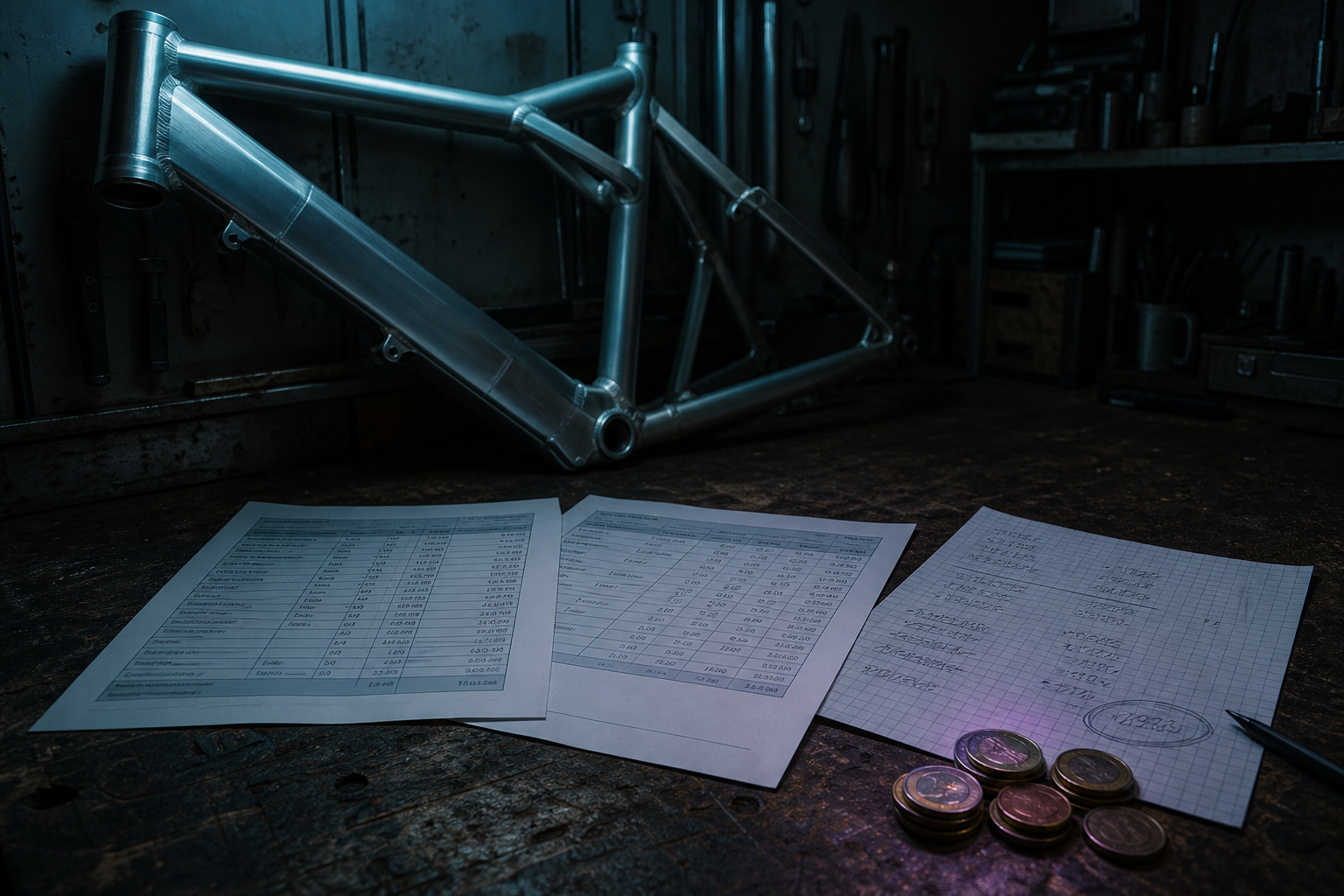 A bare aluminum e-bike frame leans against a dim workshop workbench beside two overlapping supplier price sheets, a pencil-marked cost breakdown on graph paper, and a small stack of coins, lit by a narrow band of teal-blue light.
