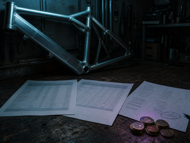 A bare aluminum e-bike frame leans against a dim workshop workbench beside two overlapping supplier price sheets, a pencil-marked cost breakdown on graph paper, and a small stack of coins, lit by a narrow band of teal-blue light.