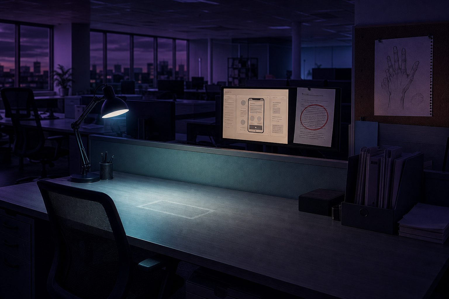 An empty office desk beside a glowing monitor, a red-circled printed page, and a pinned sketch of a flawed hand, lit in violet and teal dusk light.
