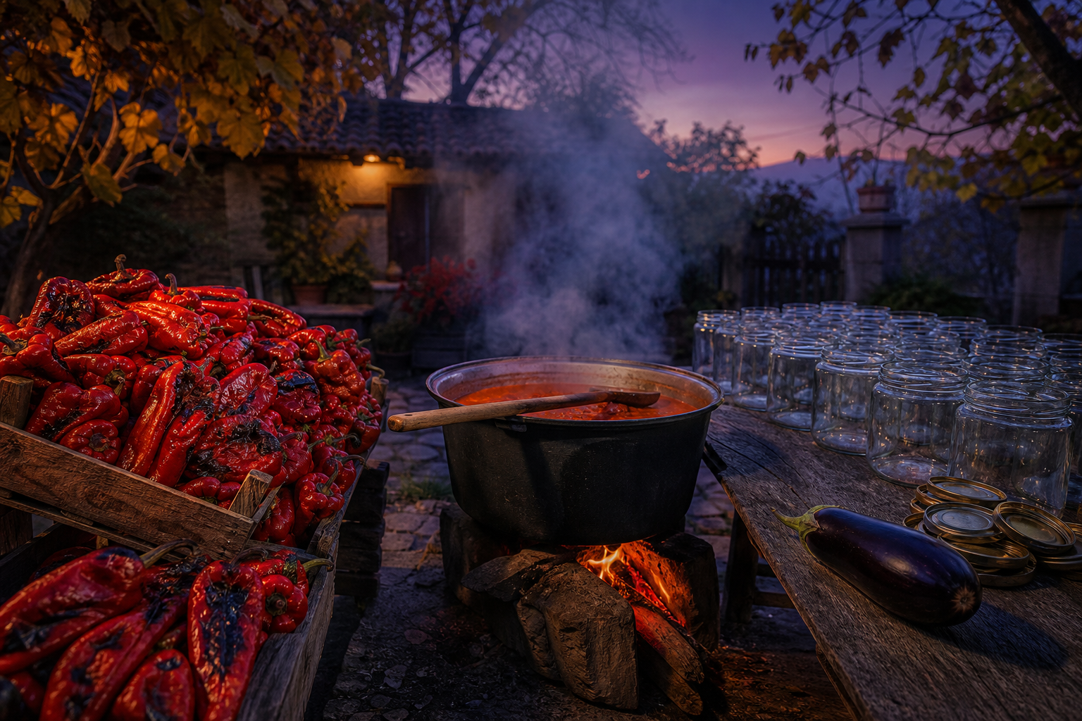 A pot of simmering roasted red peppers beside empty glass jars and a single eggplant set apart on a table at dusk.