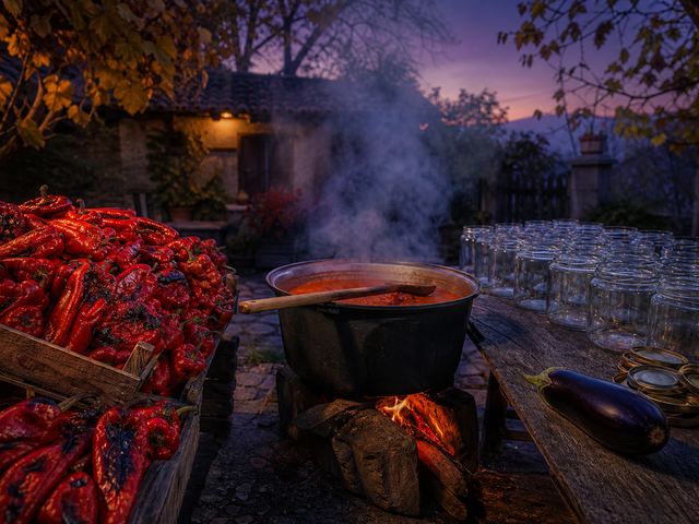 A pot of simmering roasted red peppers beside empty glass jars and a single eggplant set apart on a table at dusk.