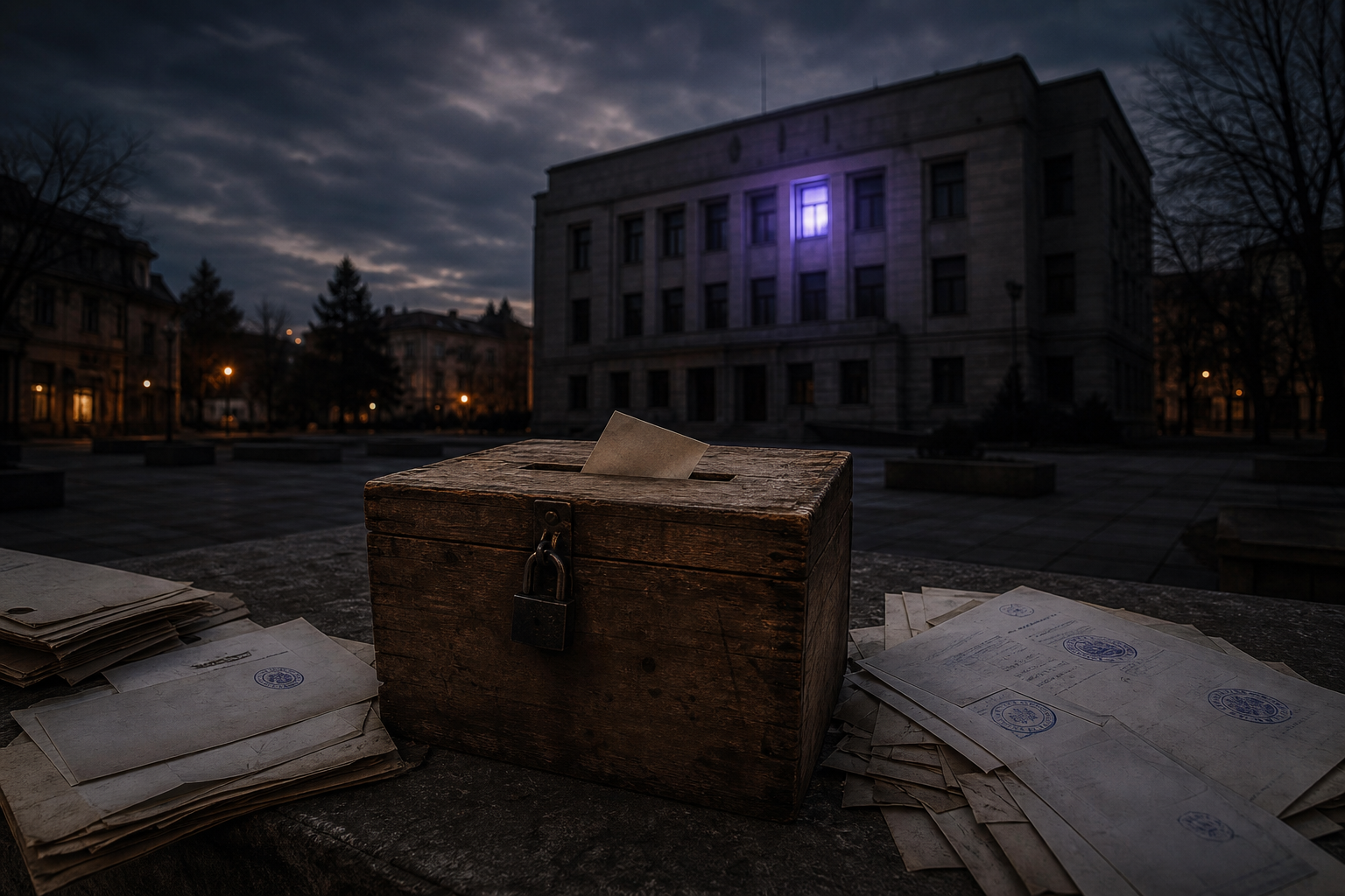 A worn wooden ballot box and scattered official documents on a bare town square, with a drab government building in the background illuminated by a single glowing window.