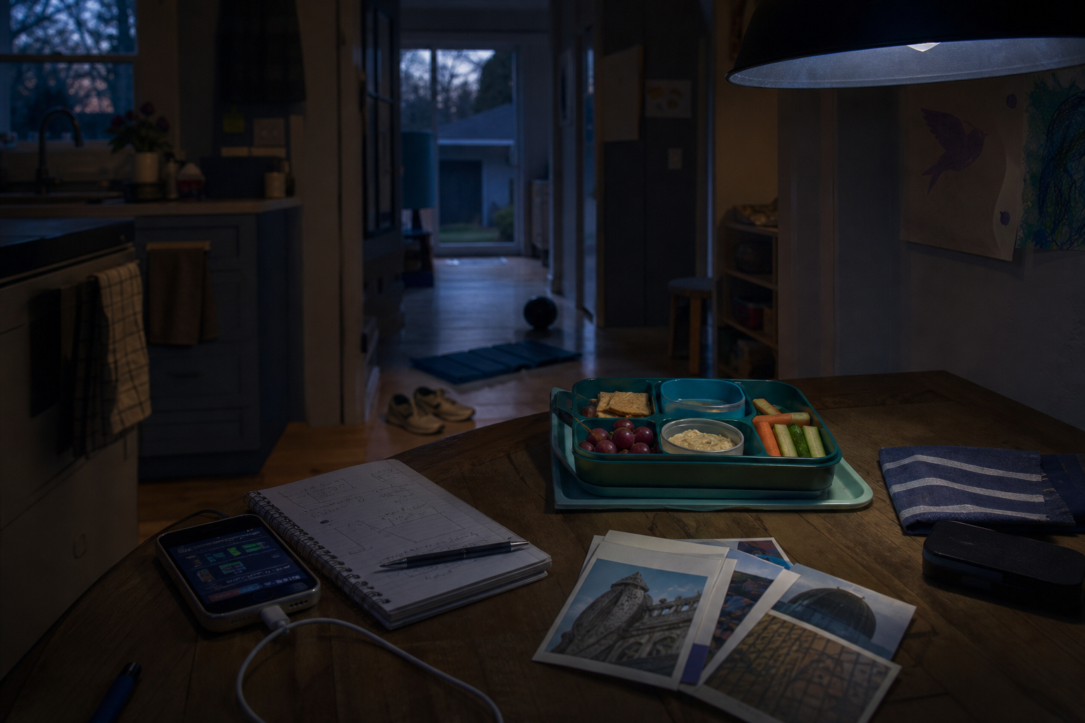 A dim kitchen table holds a phone for app-building, a prepared lunchbox, a folded exercise mat, and museum materials beside doorway sneakers.