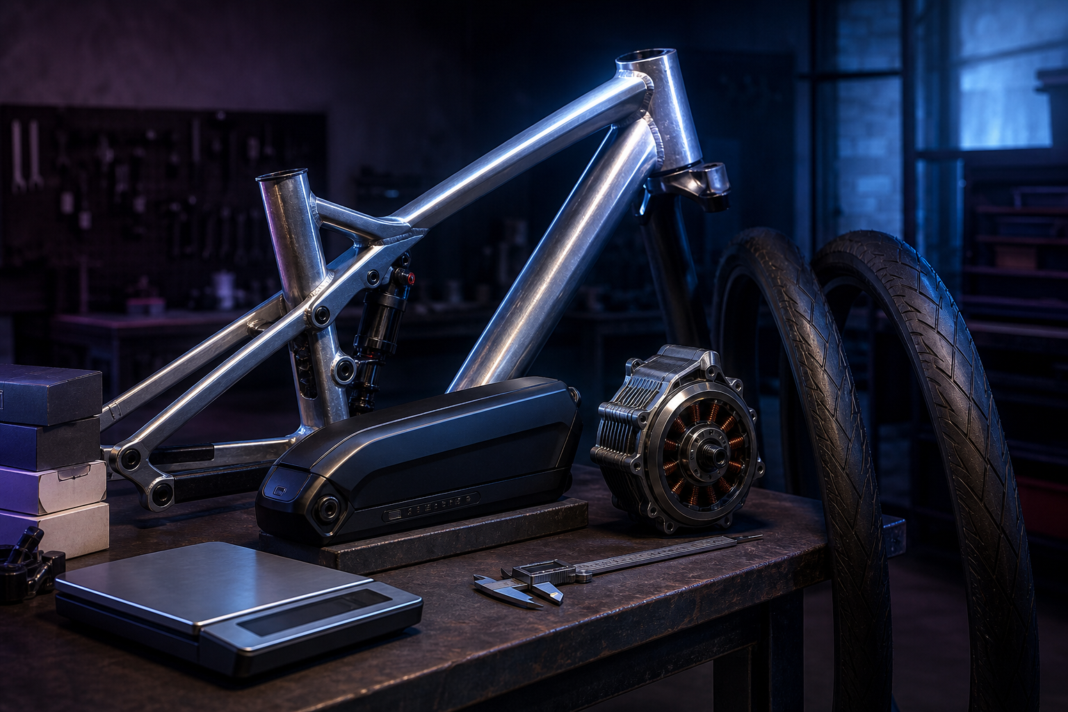 A half-assembled e-bike prototype sits on a workshop bench beside an aluminum frame, a battery pack, a compact motor, and performance tires under dark cinematic light.