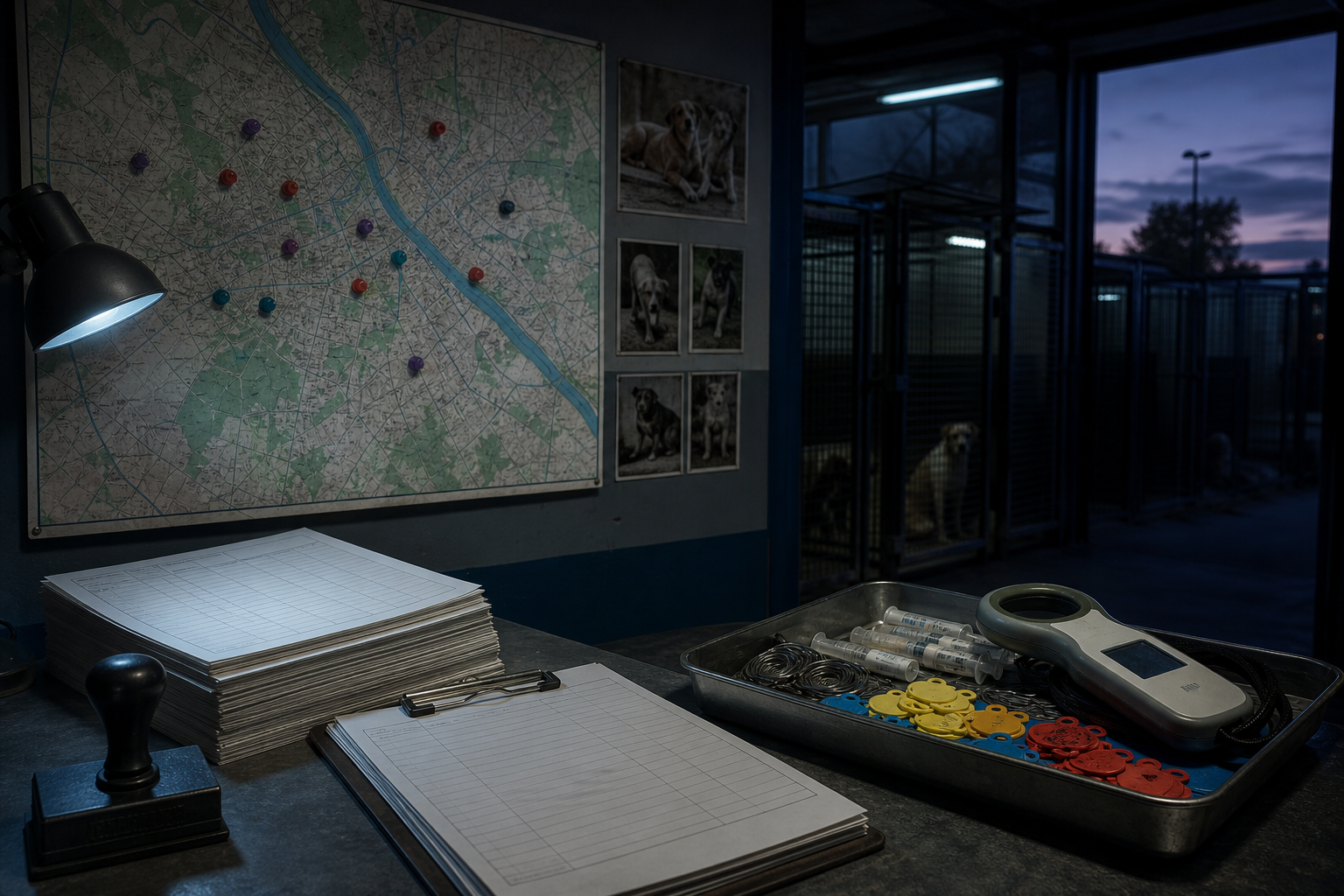 A dim shelter office shows a wall map with colored pins, blank report sheets, a rubber stamp, and tagging equipment beside kennel doors.