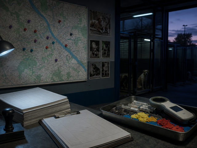 A dim shelter office shows a wall map with colored pins, blank report sheets, a rubber stamp, and tagging equipment beside kennel doors.