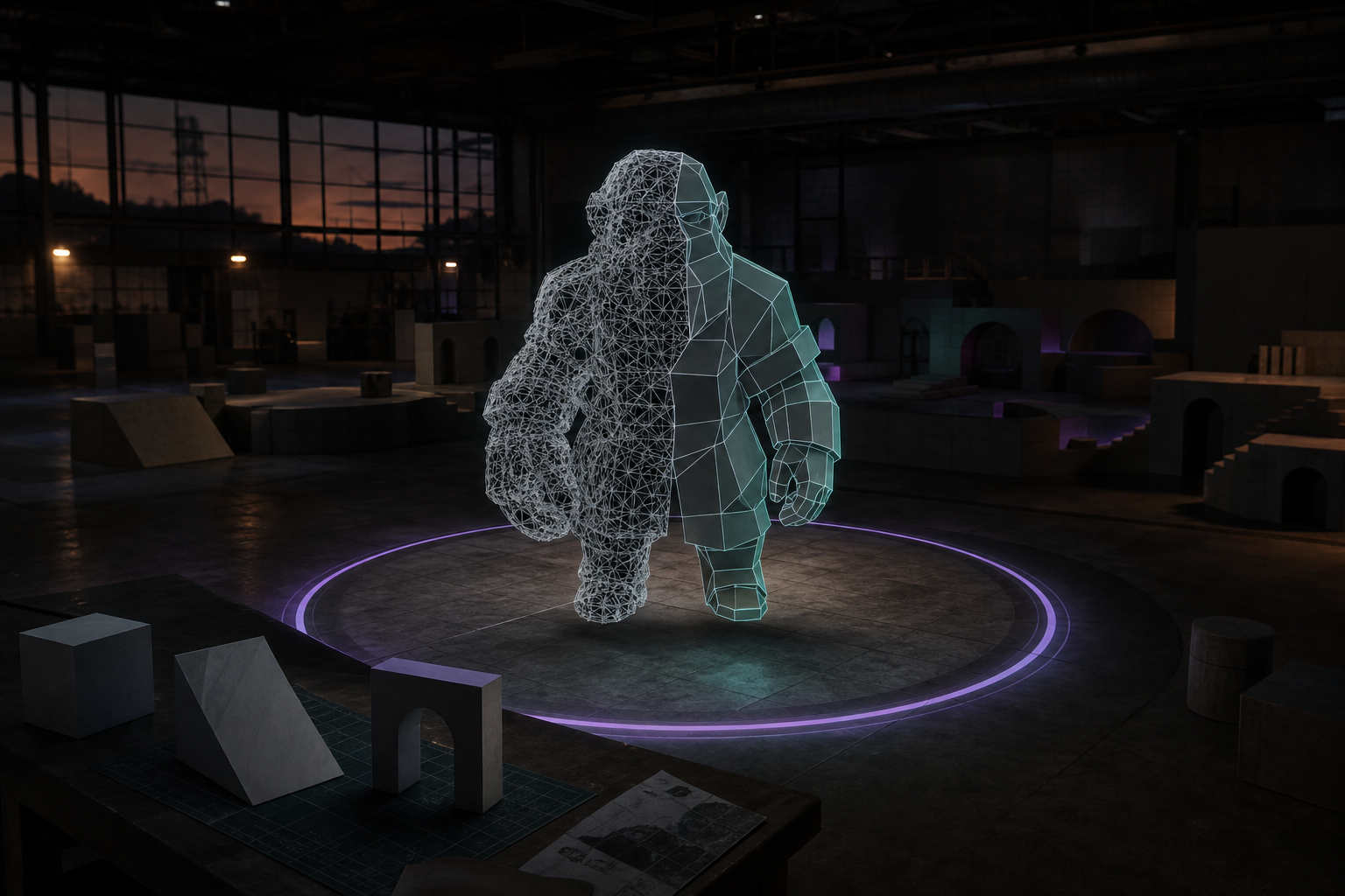 A wireframe 3D character model, half tangled mesh and half clean geometry, hovers above a small lit circular arena marked out within a larger dark open floor.</altText>