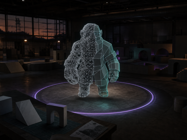 A wireframe 3D character model, half tangled mesh and half clean geometry, hovers above a small lit circular arena marked out within a larger dark open floor.</altText>