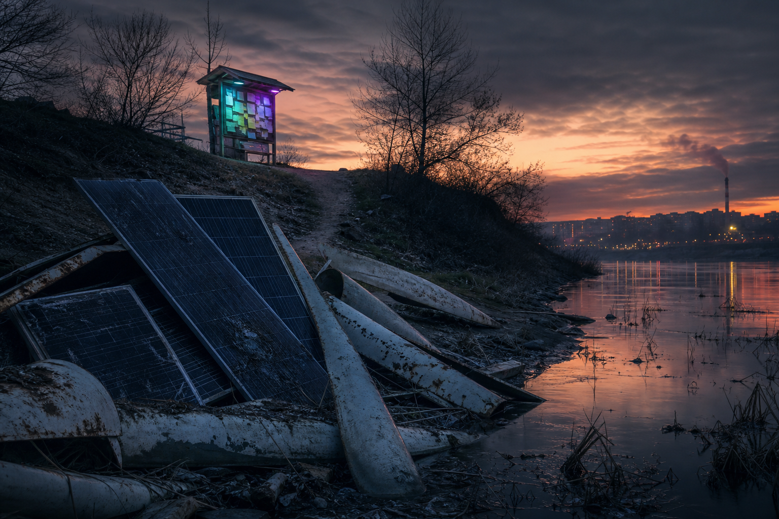 Discarded solar panels and rusted wind turbine blades lie beside a polluted riverbank, with a dimly-lit community notice board nearby offering hope for solutions.