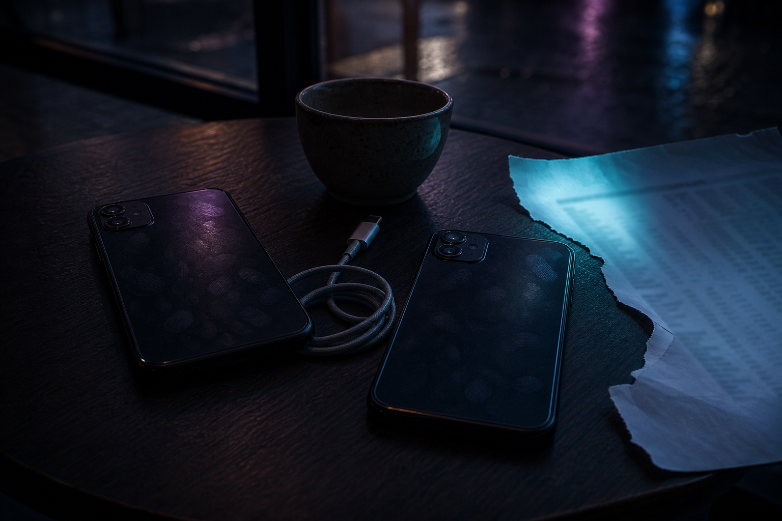 Two dark smartphones lie face-down on a café table beside a coiled charging cable and a blurred, illegible printed spec sheet, lit in moody violet and teal tones.