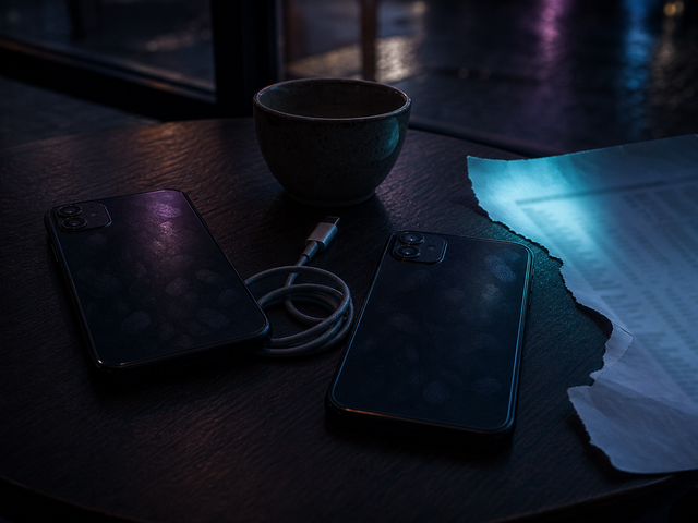 Two dark smartphones lie face-down on a café table beside a coiled charging cable and a blurred, illegible printed spec sheet, lit in moody violet and teal tones.