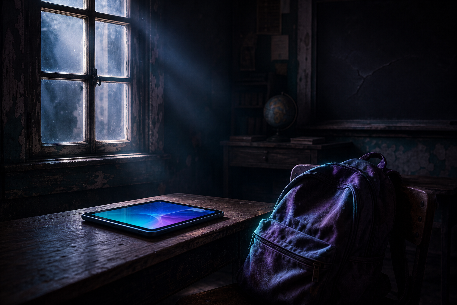 A cinematic, moody classroom with a weathered old window, a modern tablet on a desk, and a worn child's backpack in blue and violet light.