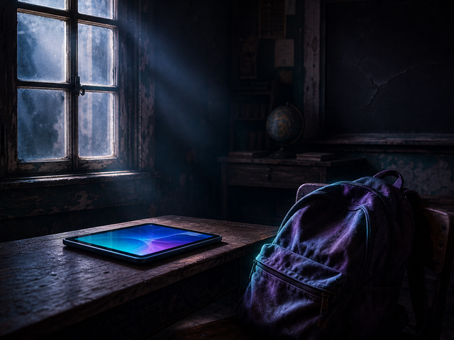 A cinematic, moody classroom with a weathered old window, a modern tablet on a desk, and a worn child's backpack in blue and violet light.